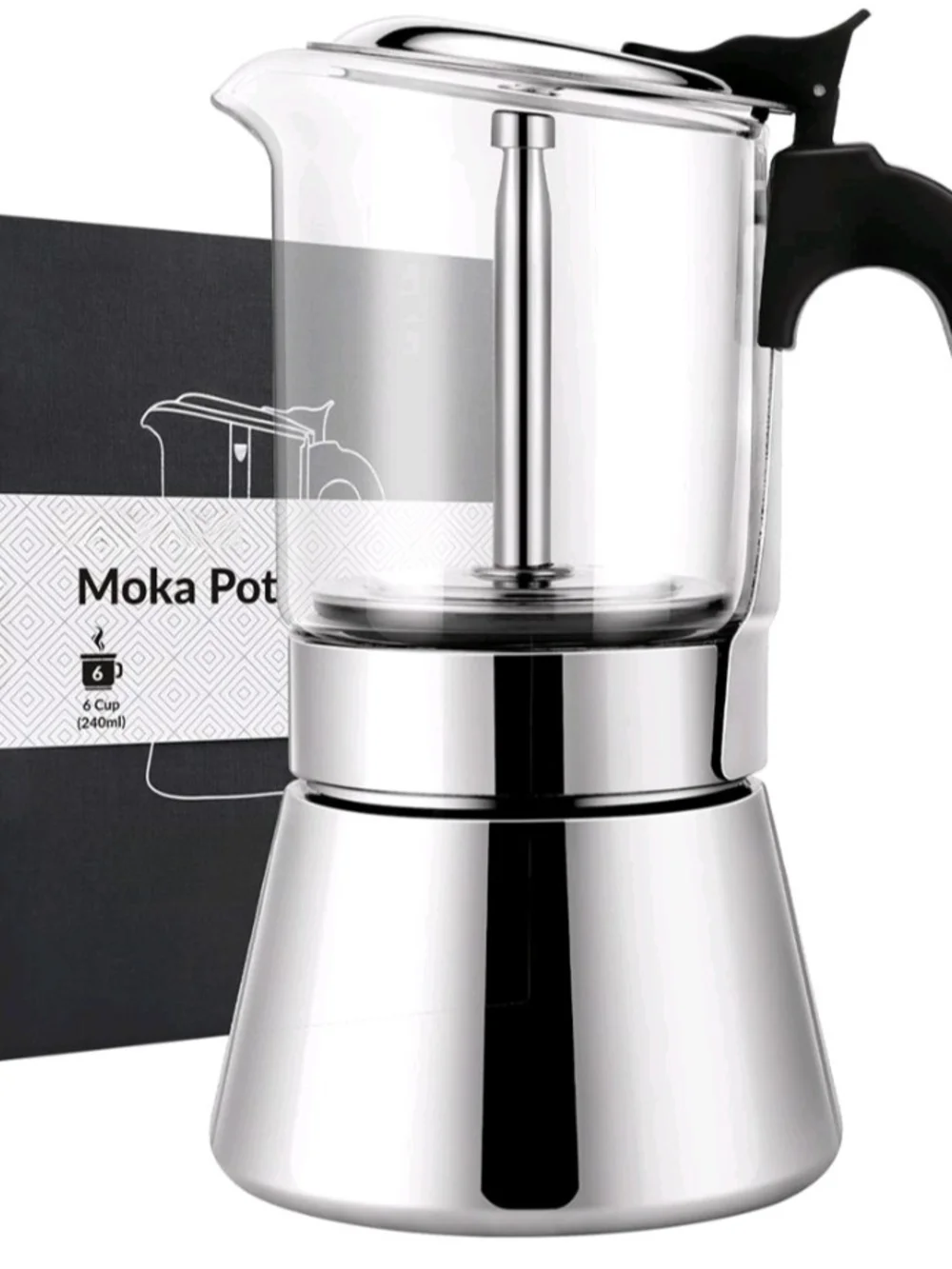 Laoion Stainless Steel & Glass Moka Pot Coffee Maker - Clear/Black 9 Cup